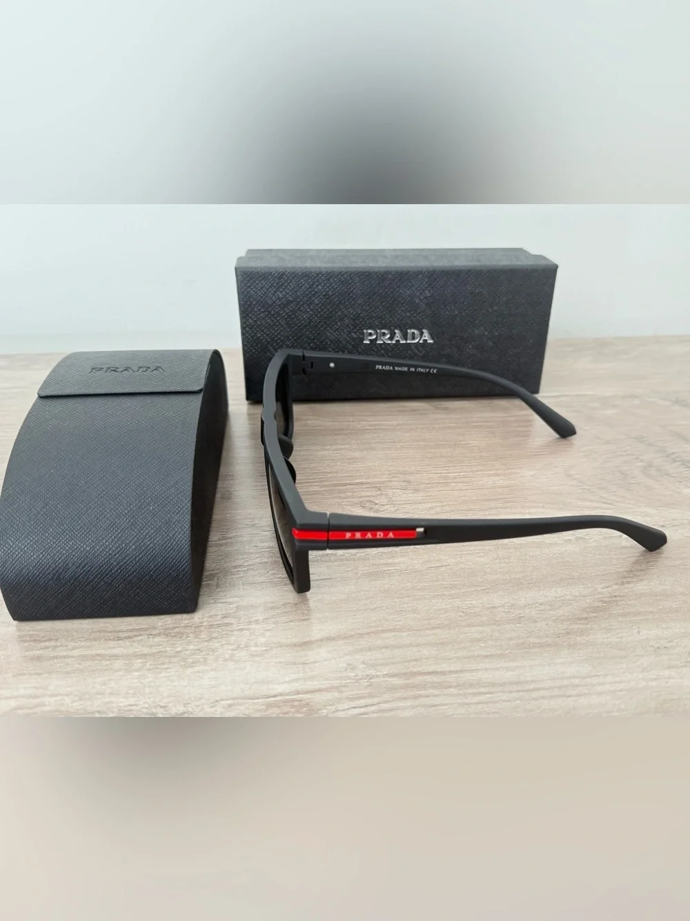 Prada Linea Rossa Black Rectangular Sunglasses 54-18-143 w/ Case & Box